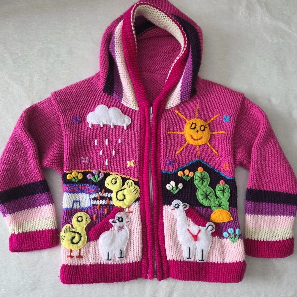 Peruvian Kids Knit Sweater Full Zip Hooded Colorful Sun Animals Flowers Spring 2